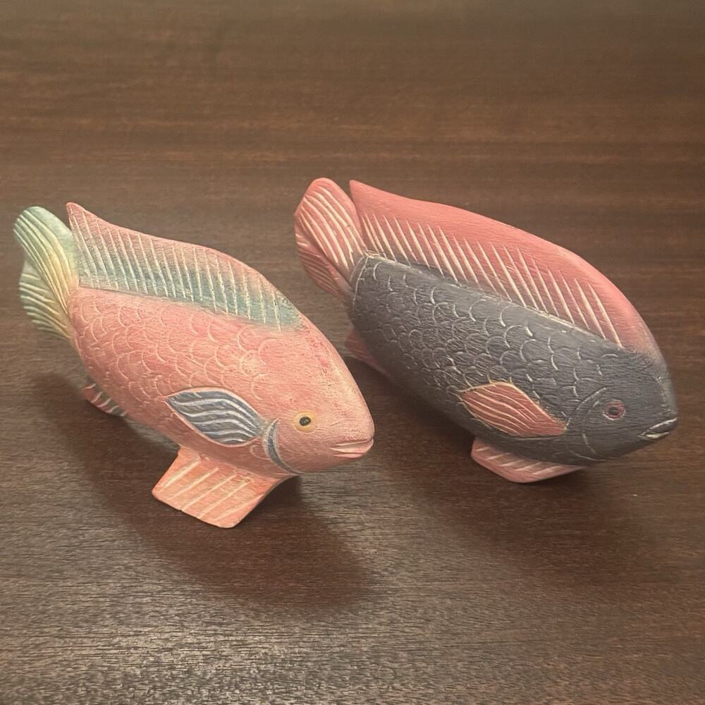 Two Vtg Hand Carved Wooden Tropical Fish Painted Coastal Decor Beach Chic